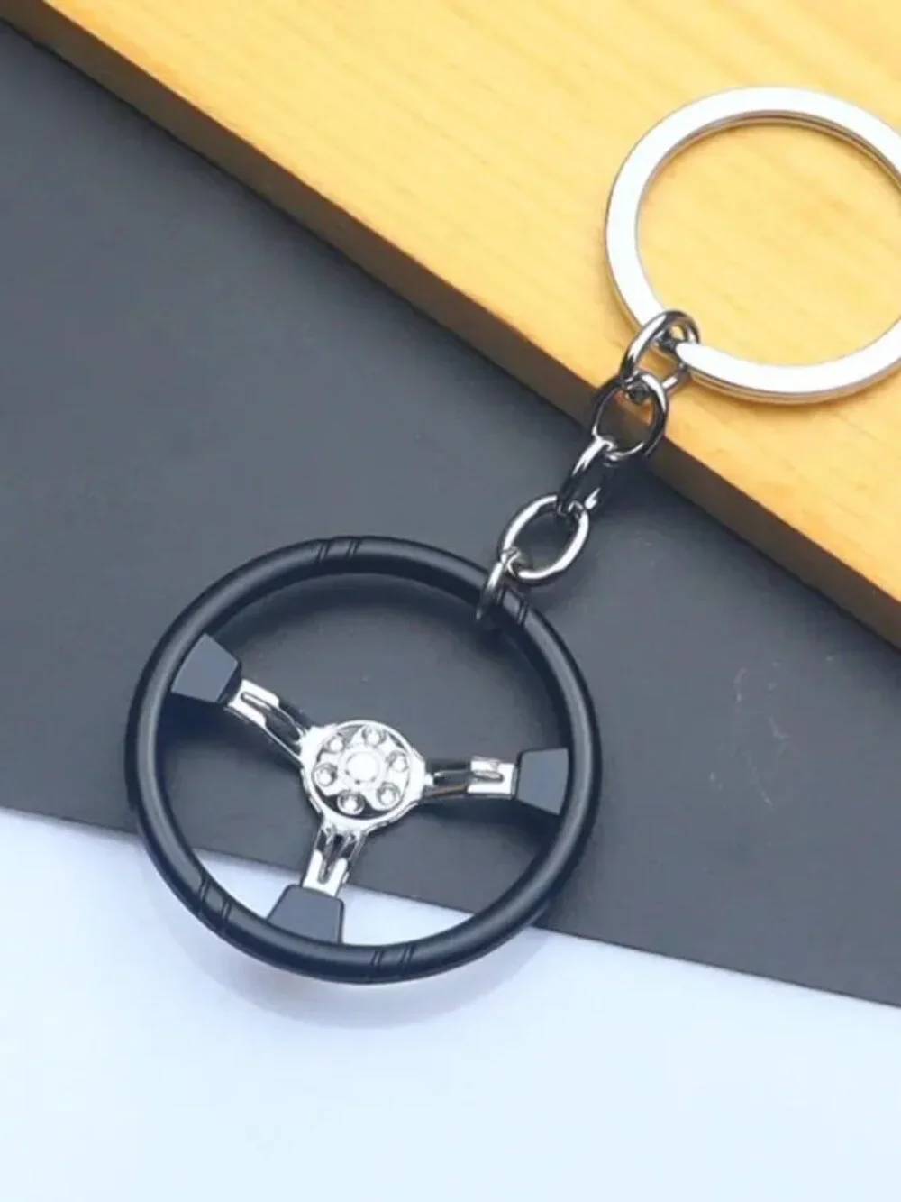 Silver 3 Spoke Racing Steering Wheel Keychain Drift Car Key Ring Enthusiast Gift